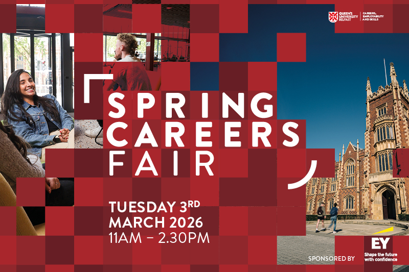 Text says Spring Careers Fair and image has a red background with students walking around the Queen's campus